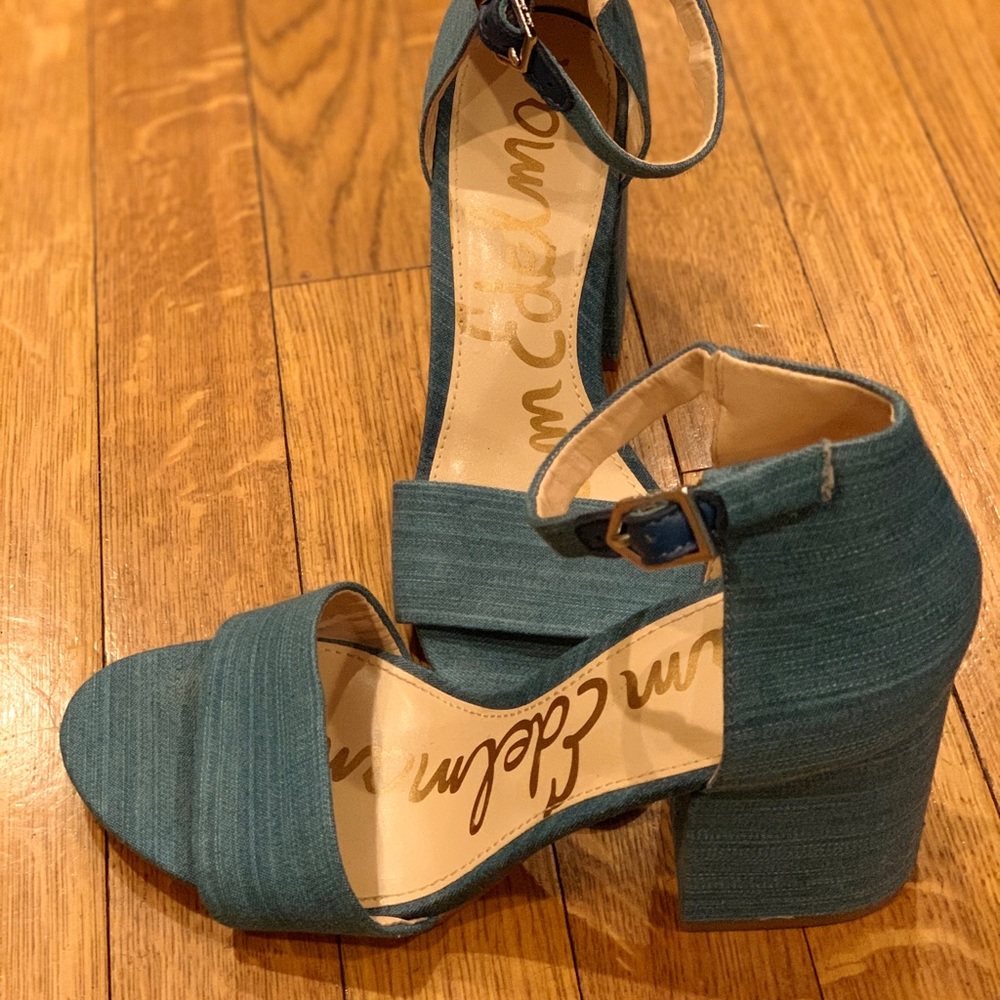 Sam Edelman block heel blue denim sandals 7M